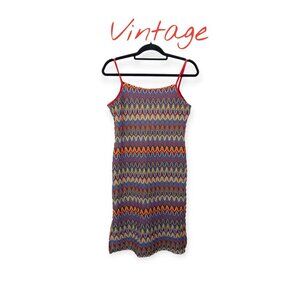 Vintage Y2K Eye Candy Zigzag Multicolor Knit Midi Dress With Red Spaghetti Strap